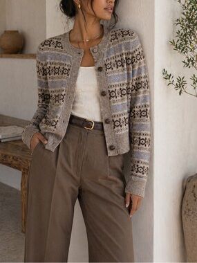 Marled Beige Fair Isle Button-Front Cardigan with Light Blue Accents